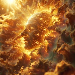 Human profile emerging from golden flames. Digital art of mind, creativity, and imagination concept. Suitable for book cover, album art, and inspirational poster design
