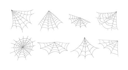 Halloween cobweb, frames and borders, scary elements for decoration. Hand drawn spider web or cobweb. Line art, sketch style spider web elements, spooky, scary image. Vector illustration
