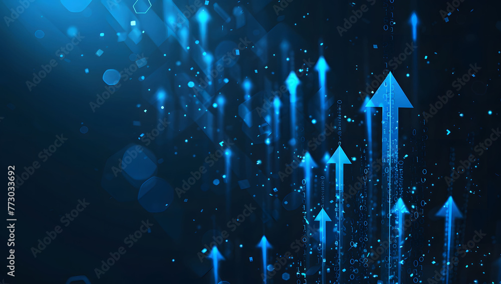 Poster abstract background with blue glowing arrows pointing upwards, representing growth and progress in t