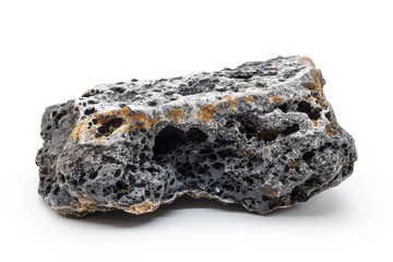 Rough Volcanic Rock Isolated on Pure White Background, Contrasting Textures - Abstract Photo