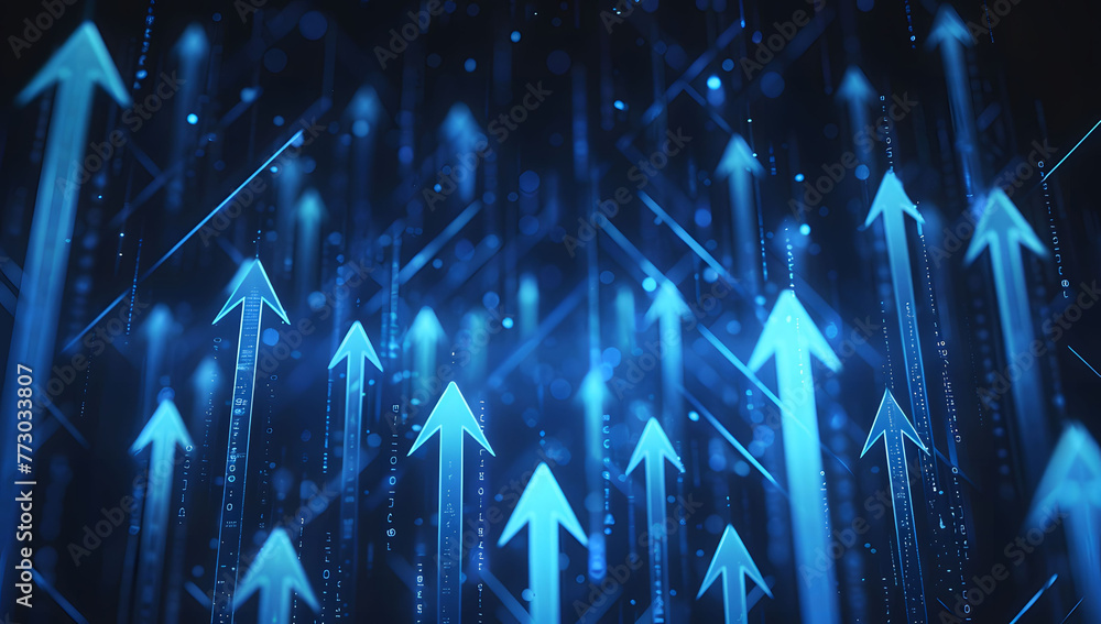 Poster abstract background with blue glowing arrows pointing upwards, representing growth and progress in t