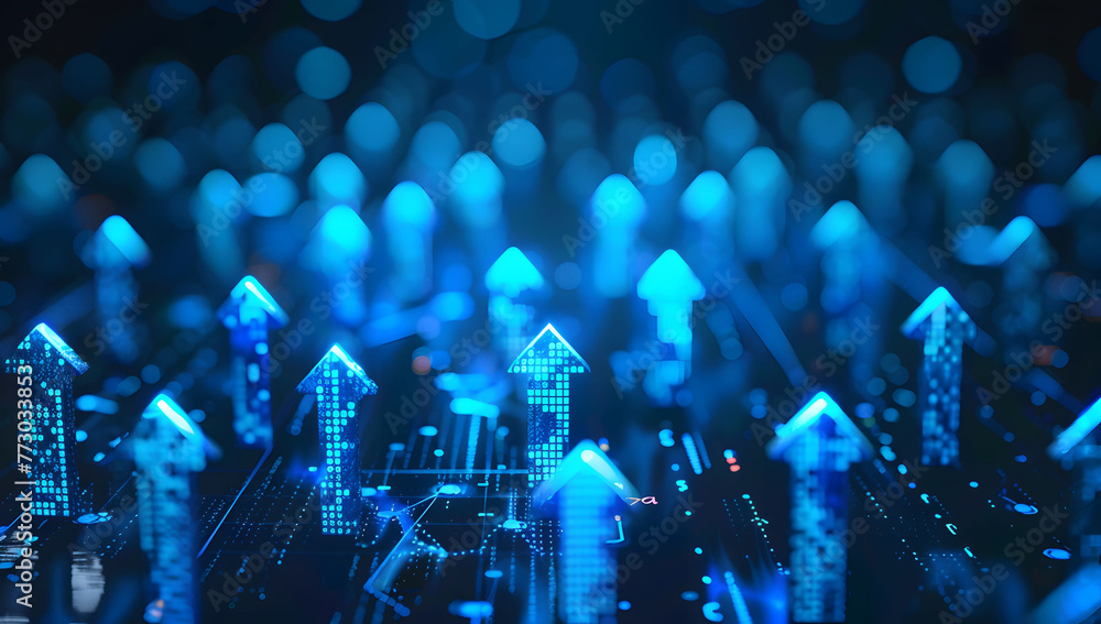Poster abstract background with blue glowing arrows pointing upwards, representing growth and progress in t