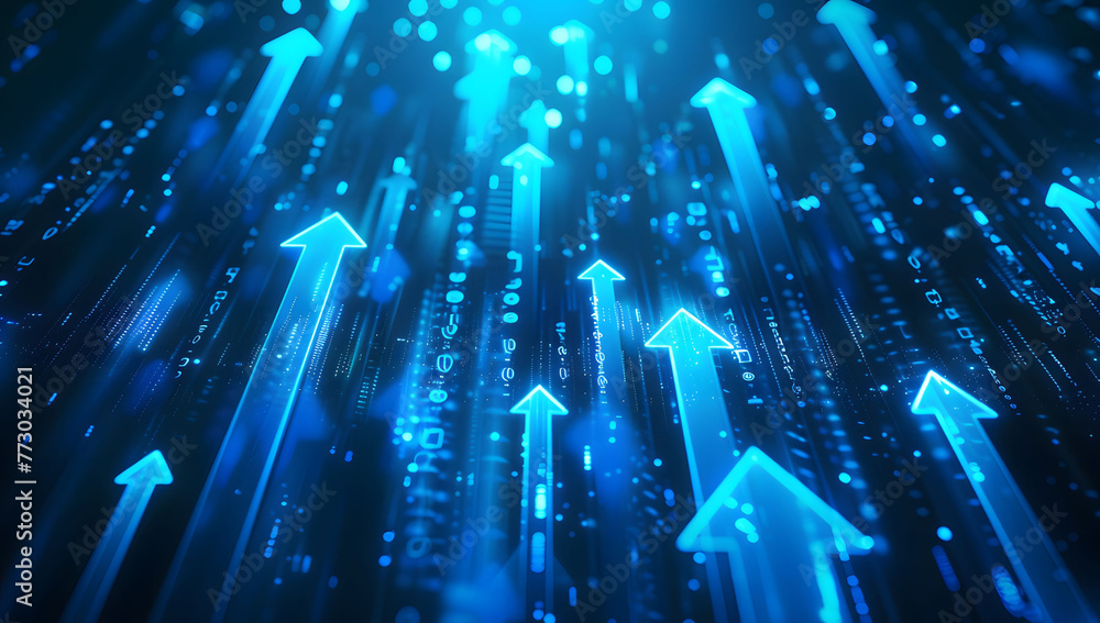 Poster abstract background with blue glowing arrows pointing upwards, representing growth and progress in t