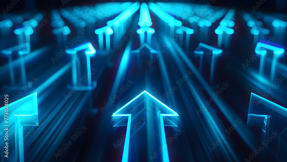 Poster abstract background with blue glowing arrows pointing upwards, representing growth and progress in t