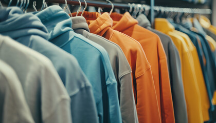 hoodies and sweatshirts hang on hangers in clothing store - obrazy, fototapety, plakaty