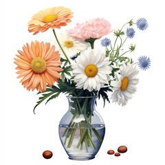 Realistic watercolor flowers in the vase on the white background