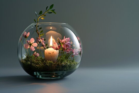 a candle in a glass bowl with flowers and a candle