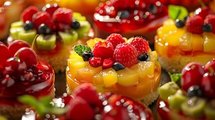 Vibrant fruit cakes glisten under soft lighting, showcasing layers of rich, moist goodness.
