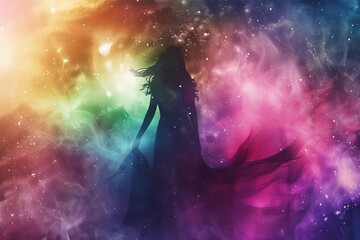 Silhouette of cosmic goddess figure with universe elements, spiritual galaxy background, colorful digital art - obrazy, fototapety, plakaty