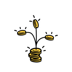 coins plant. money growing concept. Hand drawn cartoon vector illustration isolated on white background.