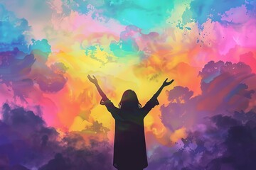Silhouette of woman with raised hands praying against colorful cloudy sky, spiritual worship and faith concept illustration
