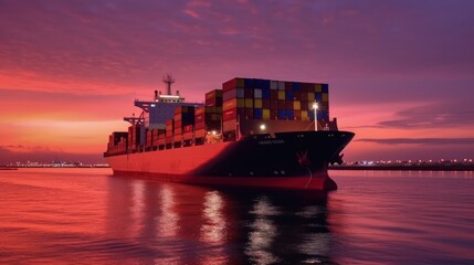 Transportation of international Container Cargo ship and Cargo plane in the sea on sunset sky background - obrazy, fototapety, plakaty