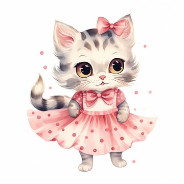 Watercolor illustration of cute vintage kitty portrait