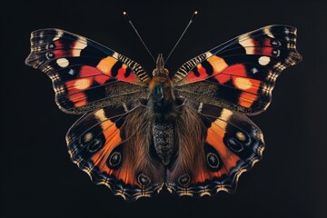 Close-up shot of a vibrant red admiral butterfly with its wings fully spread, against a dark background