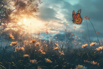Dreamy landscape of a meadow at sunset, with delicate butterflies fluttering amongst flowers - obrazy, fototapety, plakaty