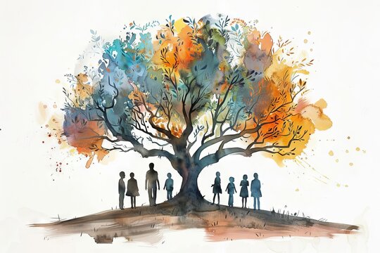 Watercolor Illustration of a Diverse Family Tree with Silhouettes of People, Created by AI