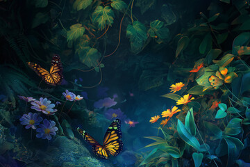 Fototapeta na wymiar Enchanting scene of vibrant butterflies amidst lush, mysterious garden foliage under a dim, magical light