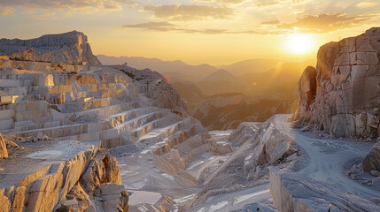 A panoramic view of a marble quarry at sunrise, the rugged landscape bathed in golden light,...