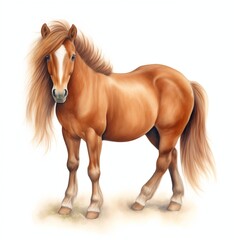 Watercolor illustration of a full body chestnut pony with beautiful mane