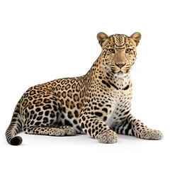 Obraz premium Portrait of leopard, Panthera pardus, standing against white background, studio shot, remasterized
