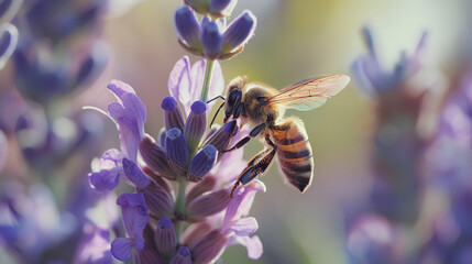 Zbliżenie na pszczołę ucztującą na kwiatku lawendy - obrazy, fototapety, plakaty