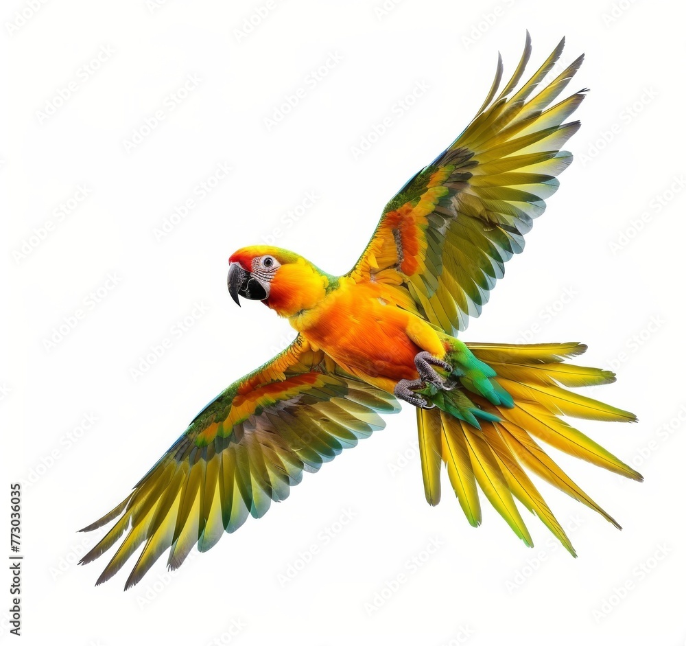 Wall mural yellow aratinga parrot flies on a white background isolated