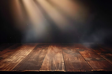 empty wooden table with soft light sun flare emit on dark background - obrazy, fototapety, plakaty