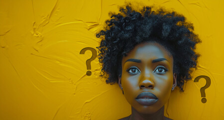 A woman with a black afro is looking at the camera with a puzzled expression. background is yellow and has a brush stroke pattern. black women with questions mark around. Background grey and yellow