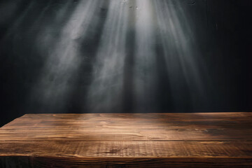 empty wooden table with soft light sun flare emit on dark background - obrazy, fototapety, plakaty