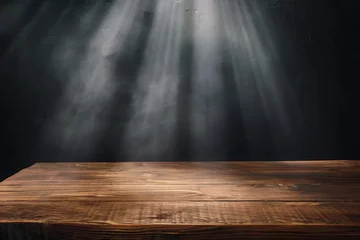 Poster empty wooden table with soft light sun flare emit on dark background © Miftakhul Khoiri