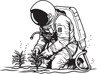 Starlit Nursery Vector Icon Artwork Cosmic Plant Guardian Astronaut Watering Emblem