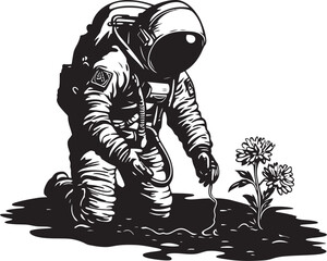 Cosmic Crop Care Astronaut Watering Logo Design Celestial Growth Vector Plant Care Icon