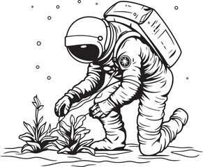 Celestial Plantation Vector Icon Design Astronautic Green Thumb Plant Watering Emblem