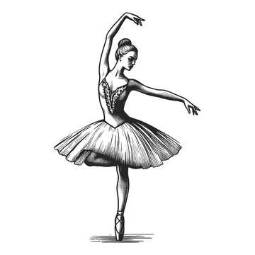 ballet dancer graceful ballerina in tutu, posed pointe in elegant engraving stylesketch engraving generative ai fictional character raster illustration. Scratch board imitation. Black and white image.