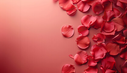 A close up of red petals on a red background. The petals are scattered and overlapping, creating a sense of depth and movement. The image evokes a feeling of romance and beauty. background with petal