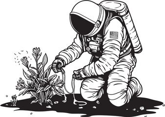 Astronautic Orchard Vector Icon Graphics Stellar Crop Cultivation Astronaut Plant Watering Emblem