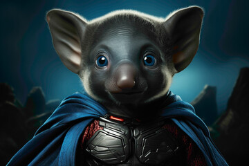 A blue elephant calf wearing a superhero cape, lifting a tiny weight against a blue background.