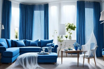 Blue curved velvet sofa with blue cushions with round table near windows.