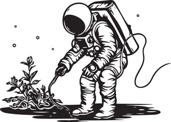 Interstellar Garden Astronaut Plant Watering Icon Celestial Sprinkle Vector Plant Care Emblem