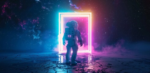 Astronaut in Space Suit Standing in Front of Pink and Blue Neon Doorway Generative AI