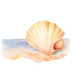Seashells in the watercolor sea scene with beach and sand
