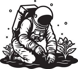 Interstellar Greenery Astronaut Watering Logo Starlit Horticulture Vector Plant Care Icon
