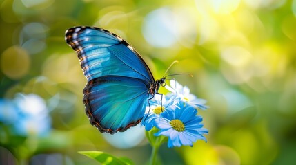 Majestic blue butterfly alights on a delicate flower, its iridescent wings shimmering in sunlight.  - obrazy, fototapety, plakaty