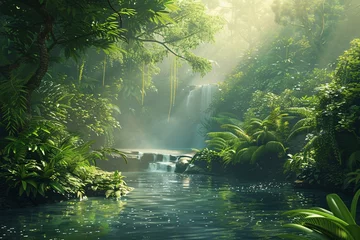 Fotobehang A serene waterfall in the jungle, surrounded by lush greenery and tropical plants, evoking a sense of tranquility and connection to nature. Generative AI © Satyam