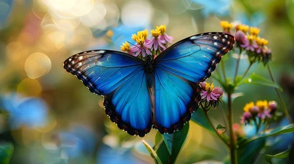 Fotobehang Majestic blue butterfly alights on a delicate flower, its iridescent wings shimmering in sunlight.  © Muhammad