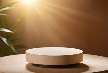 Natural stone podium for beauty and spa cosmetic brand display on brown background wall and sun ray