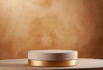 Natural stone podium for beauty and spa cosmetic brand display on brown background wall and sun ray