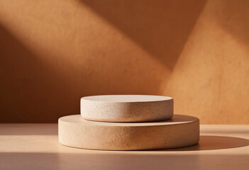 Natural stone podium for beauty and spa cosmetic brand display on brown background wall and sun ray