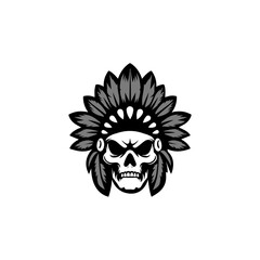 Skull Wearing American Native Chief Hat.Indian Ethnic Leader Logo Design