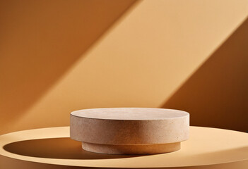 Natural stone podium for beauty and spa cosmetic brand display on brown background wall and sun ray